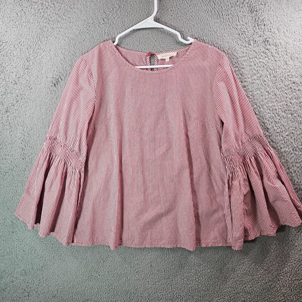 Solitaire Top Blouse Women Medium Bell Sleeve White Red Striped